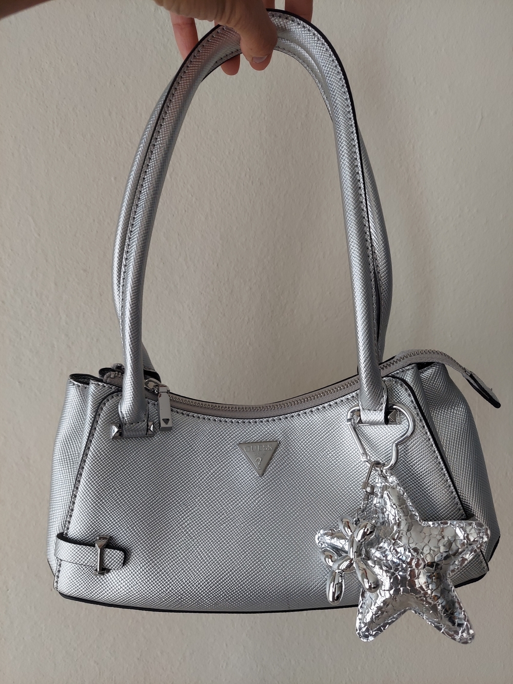 GUESS Silver Metallic Satchel with Star Charm